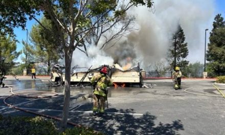 Motor home catches fire on riverbed