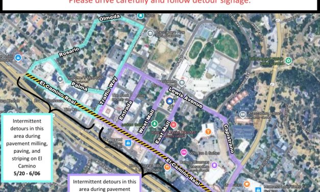 Temporary detours on El Camino, between Hwy 41 and Rosario Avenue    
