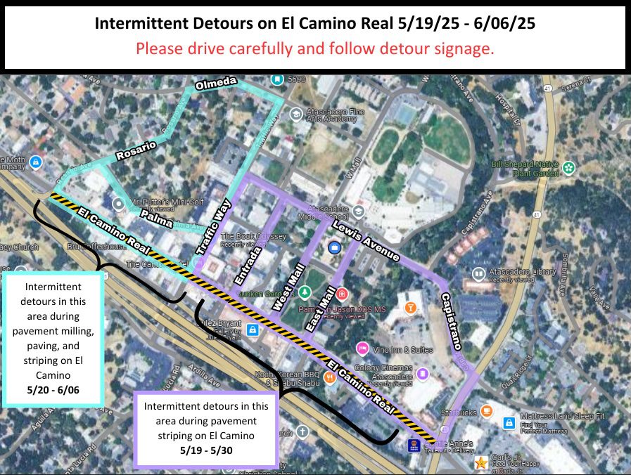 Recent Temporary detours on El Camino, between Hwy 41 and Rosario Avenue